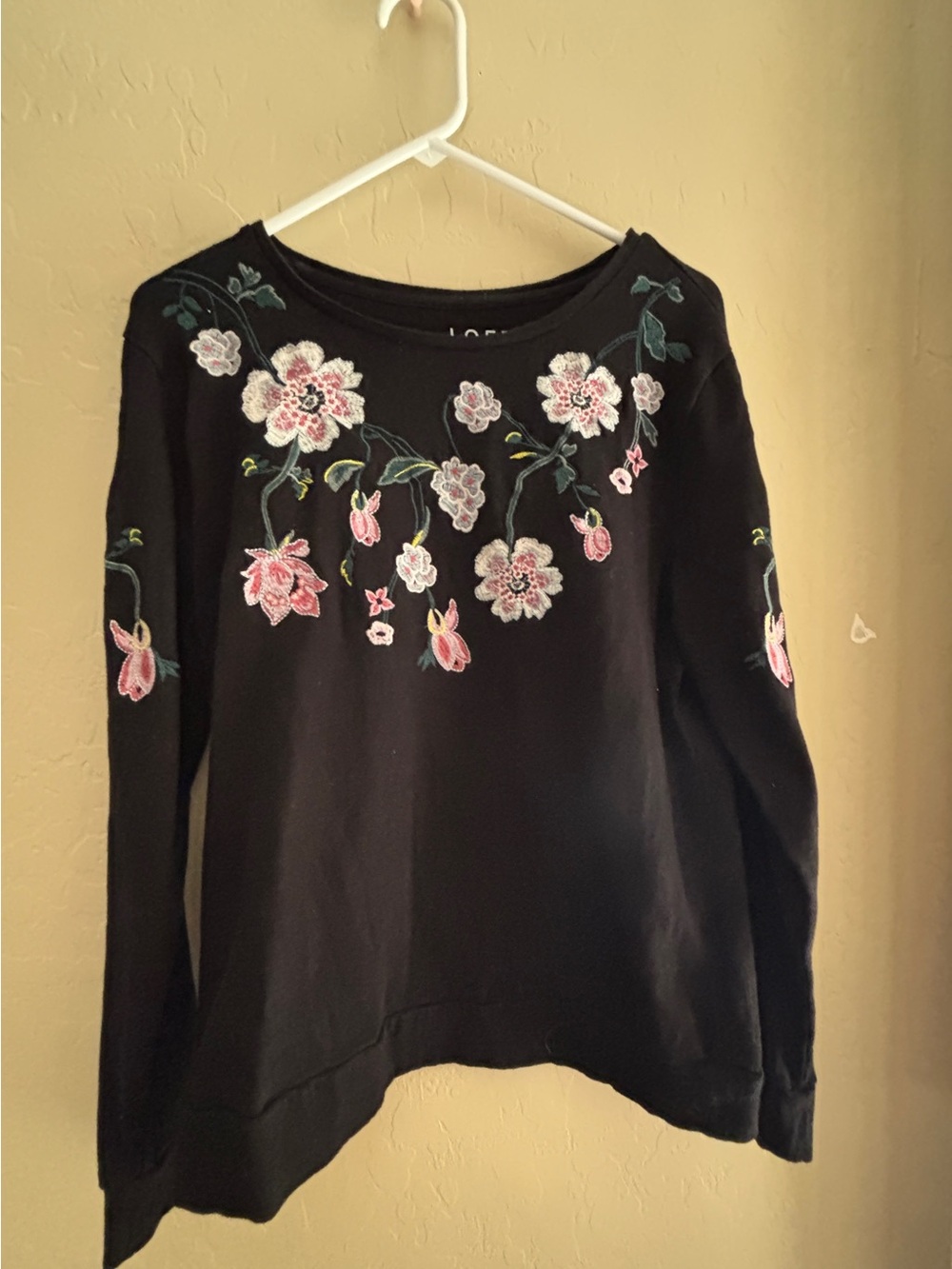Loft Black Sweatshirt with Floral Embroidered Pink Flowers Women’s Size Large
